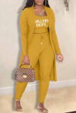 Pink Casual Print Letter Cardigan Collar Long Sleeve Three Pieces