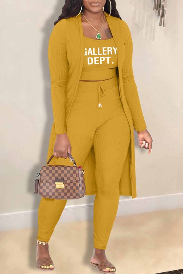 Yellow Casual Print Letter Cardigan Collar Long Sleeve Three Pieces