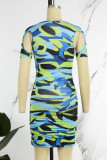 Blue Sexy Print Patchwork O Neck Short Sleeve Dress