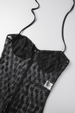 Black Sexy Solid Patchwork See-through Backless Halter Skinny Jumpsuits