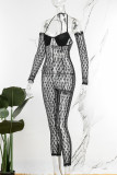Black Sexy Solid Patchwork See-through Backless Halter Skinny Jumpsuits
