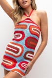 Blue Sexy Patchwork Backless Halter Sleeveless Dress Dresses