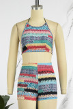 Multi-color Sexy Casual Print Bandage Backless O Neck Sleeveless Two Pieces