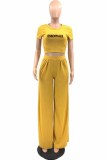 Yellow Street Print Letter O Neck Short Sleeve Two Pieces