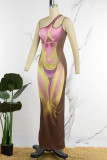 Brown Sexy Print Backless Oblique Collar Long Dress Dresses
