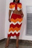 Red Sexy Casual Patchwork Contrast Turndown Collar Short Sleeve Two Pieces