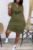 Pink Street Print Letter V Neck One Step Skirt Dresses