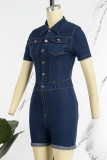 The cowboy blue Casual Solid Patchwork Buttons Turndown Collar Regular Romper