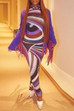 Purple Casual Print Basic O Neck Long Dress Dresses