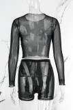 Black Sexy Patchwork The stars See-through O Neck Long Sleeve Two Pieces