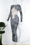 Grey Sexy Patchwork See-through Slit O Neck Long Sleeve Dresses