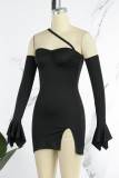 Light Purple Sexy Solid Backless Slit Oblique Collar Long Sleeve Dresses