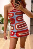 Blue Sexy Patchwork Backless Halter Sleeveless Dress Dresses