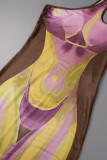Brown Sexy Print Backless Oblique Collar Long Dress Dresses