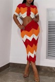 Red Sexy Casual Patchwork Contrast Turndown Collar Short Sleeve Two Pieces