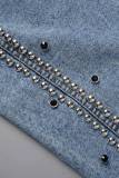 Light Blue Casual Patchwork Rivets Cardigan Turndown Collar Long Sleeve Regular Denim Jacket