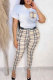 Khaki Casual Plaid Striped Letter O Neck Short Sleeve Two Pieces
