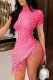 Pink Sexy Patchwork Hot Drilling Tassel Beading Turtleneck Short Sleeve Dress Dresses