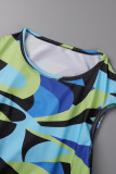 Blue Sexy Print Patchwork O Neck Short Sleeve Dress
