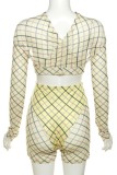 Yellow Sexy Casual Print Hollowed Out Patchwork O Neck Long Sleeve Two Pieces