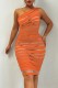 Orange Sexy Patchwork See-through Backless Oblique Collar Sleeveless Dress Dresses