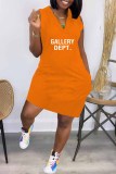Pink Street Print Letter V Neck One Step Skirt Dresses