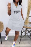 Pink Street Print Letter V Neck One Step Skirt Dresses