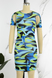 Blue Sexy Print Patchwork O Neck Short Sleeve Dress