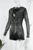 Black Sexy Patchwork Hot Drill V Neck Skinny Rompers