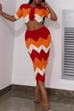 Red Sexy Casual Patchwork Contrast Turndown Collar Short Sleeve Two Pieces