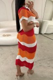 Red Sexy Casual Patchwork Contrast Turndown Collar Short Sleeve Two Pieces