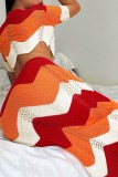 Red Sexy Casual Patchwork Contrast Turndown Collar Short Sleeve Two Pieces