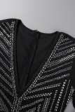 Black Sexy Patchwork Hot Drill V Neck Skinny Rompers