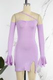 Light Purple Sexy Solid Backless Slit Oblique Collar Long Sleeve Dresses