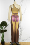 Brown Sexy Print Backless Oblique Collar Long Dress Dresses