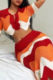 Red Sexy Casual Patchwork Contrast Turndown Collar Short Sleeve Two Pieces