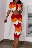Red Sexy Casual Patchwork Contrast Turndown Collar Short Sleeve Two Pieces