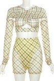 Yellow Sexy Casual Print Hollowed Out Patchwork O Neck Long Sleeve Two Pieces