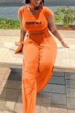 Yellow Street Print Letter O Neck Short Sleeve Two Pieces