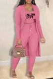 Pink Casual Print Letter Cardigan Collar Long Sleeve Three Pieces