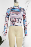 Apricot Casual Print Basic Turtleneck Tops