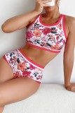 Rose Red Sexy Print Patchwork Swimwears (With Paddings)