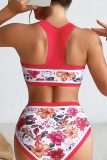 Rose Red Sexy Print Patchwork Swimwears (With Paddings)