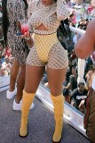 Yellow Sexy Casual Print Hollowed Out Patchwork O Neck Long Sleeve Two Pieces