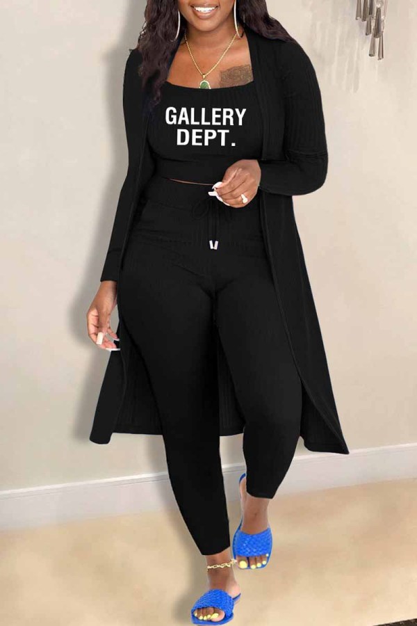 Black Casual Print Letter Cardigan Collar Long Sleeve Three Pieces