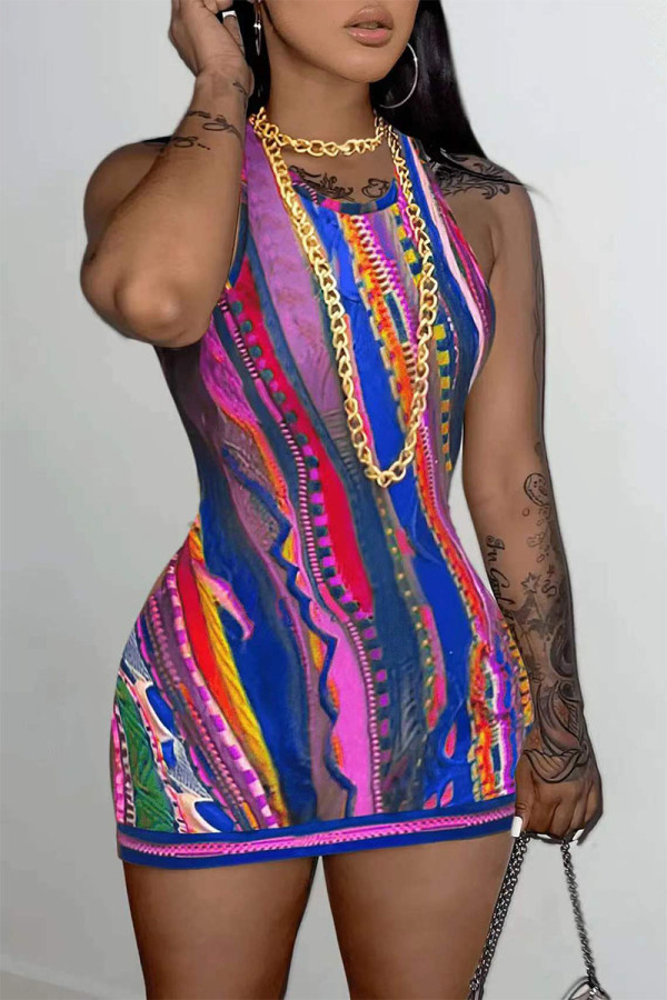 Pink Street Print Patchwork O Neck Pencil Skirt Dresses