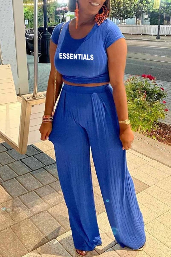 Blue Street Print Letter O Neck Short Sleeve Two Pieces