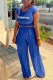 Blue Street Print Letter O Neck Short Sleeve Two Pieces