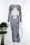 Grey Sexy Patchwork See-through Slit O Neck Long Sleeve Dresses