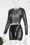 Black Sexy Patchwork The stars See-through O Neck Long Sleeve Two Pieces